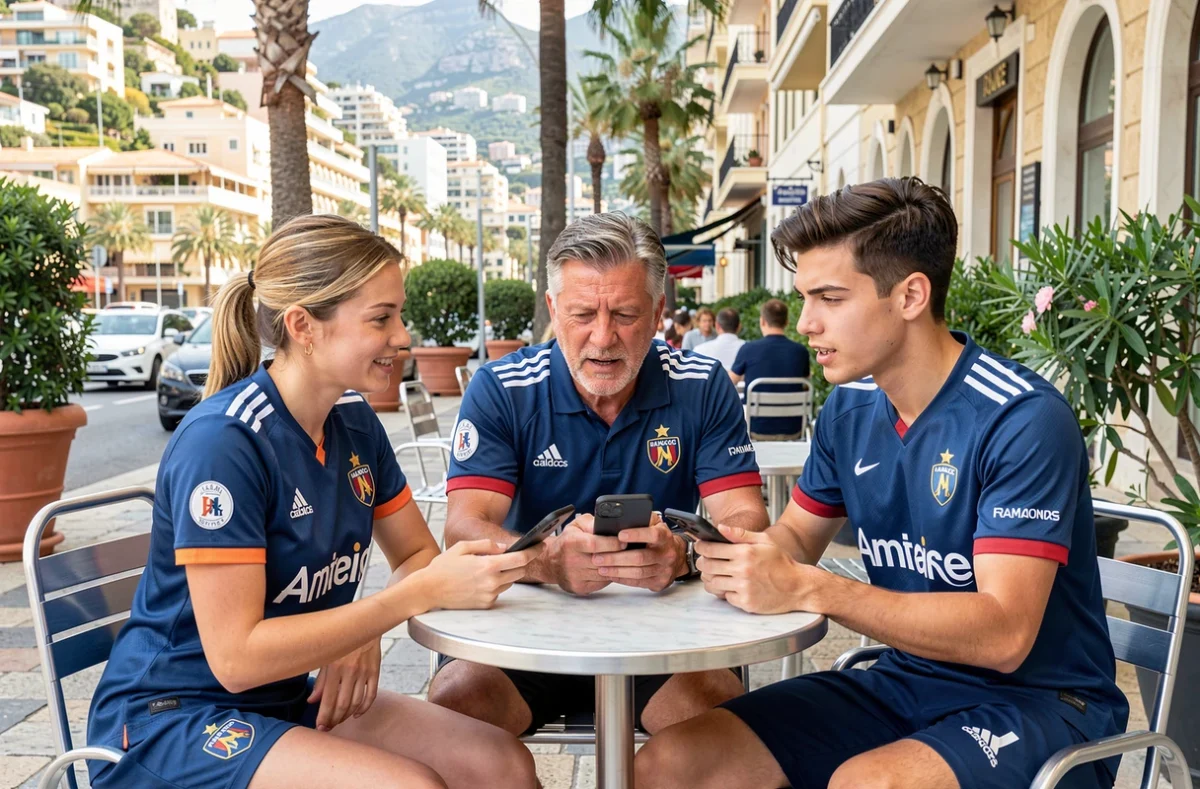 Groupe de supporters de l'AS Monaco discutant du forum ASM foot sur smartphone à une terrasse de café à Monaco