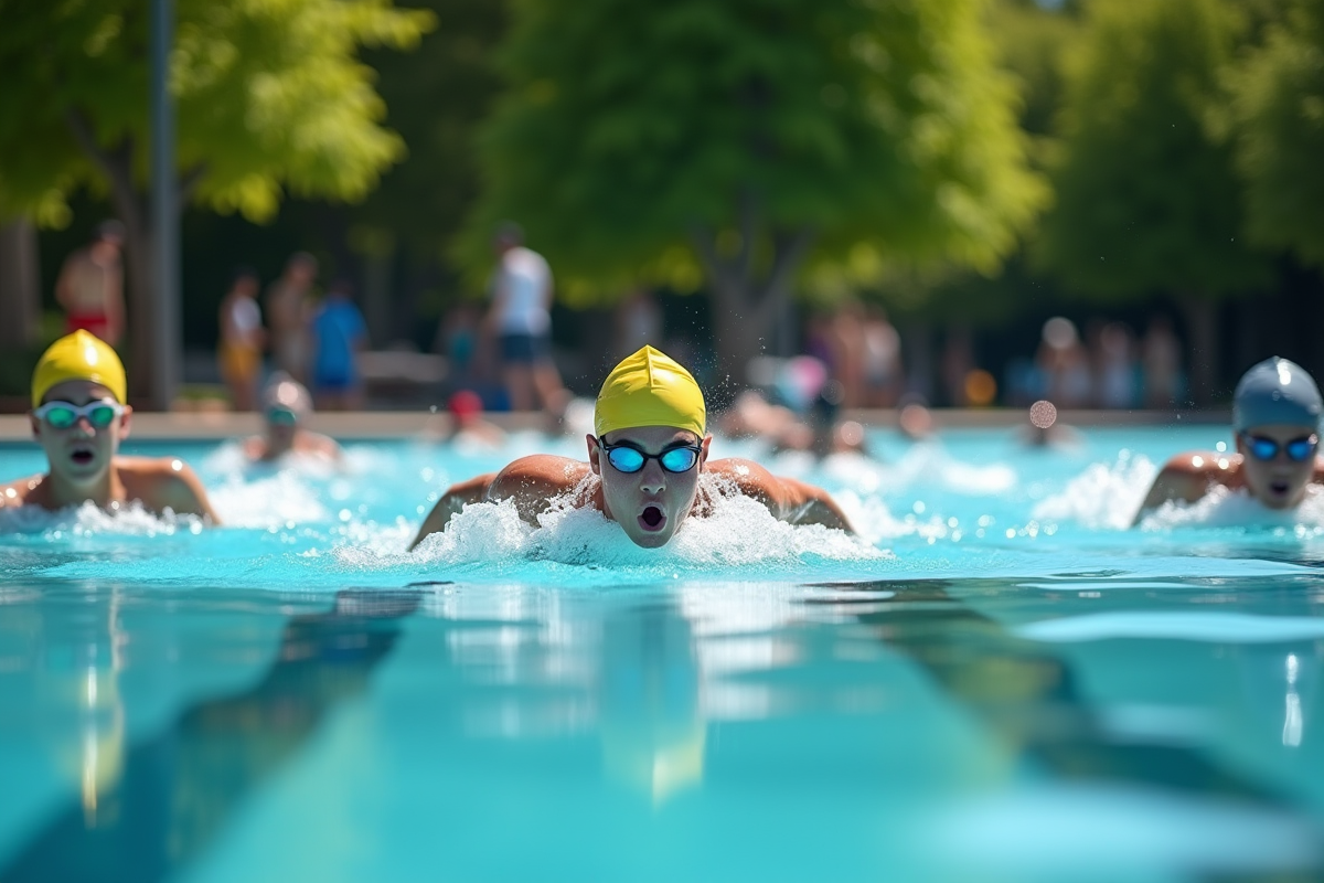 Groupe de nageurs en extérieur pratiquant différents styles de natation