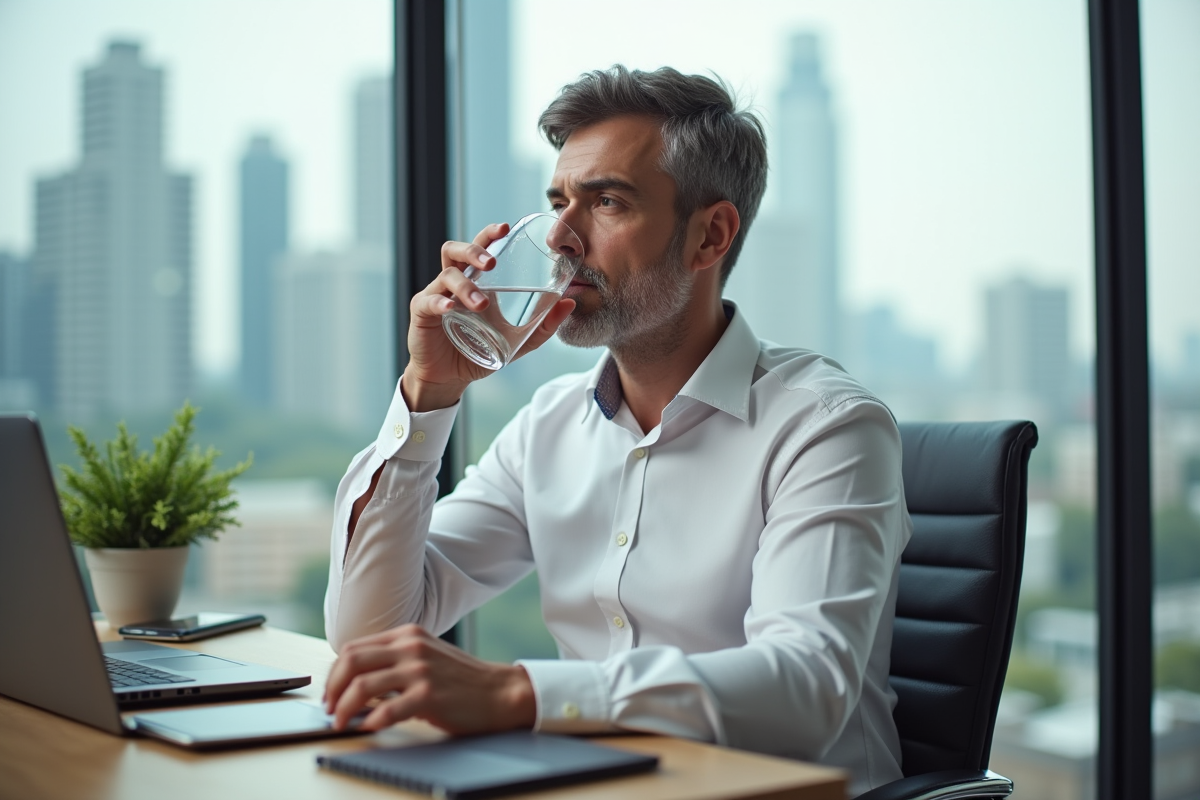 Homme d affaires au bureau en train de boire de l eau