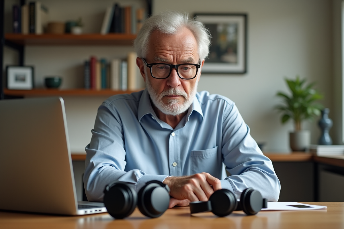 Homme âgé comparant deux paires d