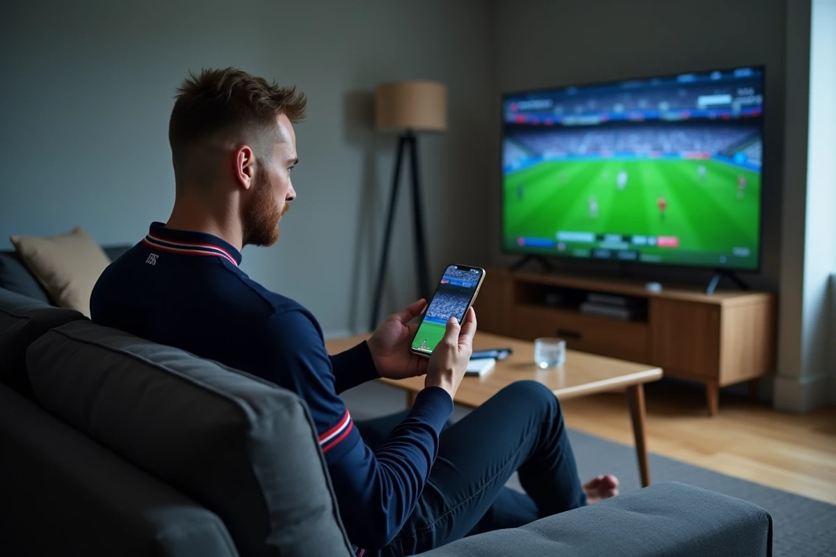 Homme consultant les dates du Tournoi des 6 Nations 2026 sur son smartphone depuis son canapé avec match de rugby à la télévision