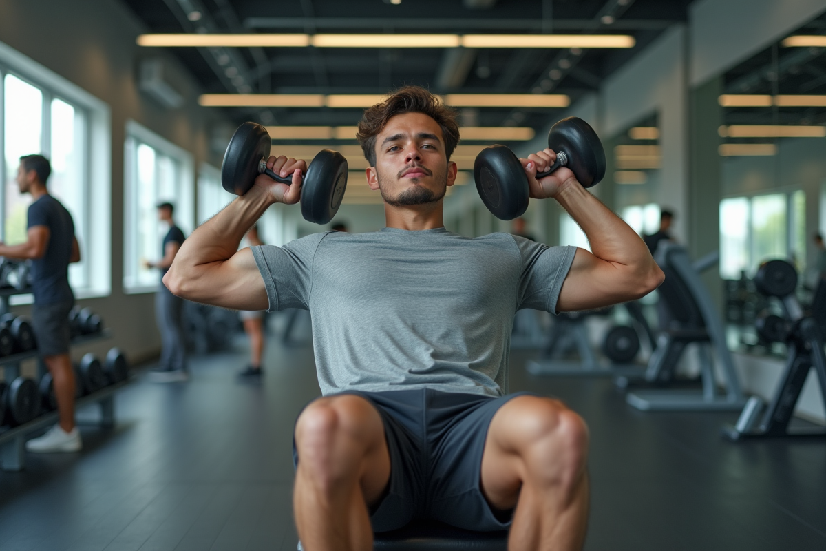 Jeune homme faisant un développé épaules avec haltères en salle