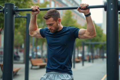 Jeune homme faisant un pull-up en ville