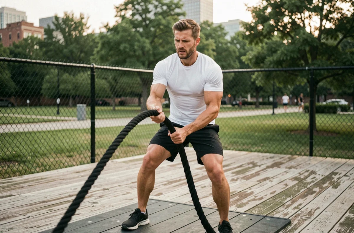 Homme pratiquant le HIIT en extérieur avec des battle ropes, exercice haute intensité pour maximiser la dépense calorique