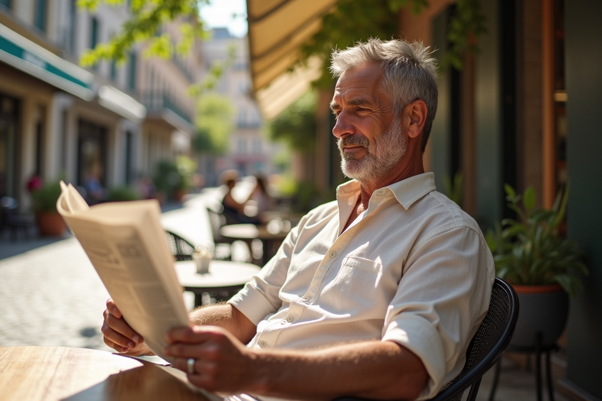 Homme d age lisant un journal en terrasse de cafe