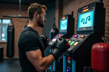 Homme adulte en train de s'entraîner sur une machine de boxe musicale dans une salle de sport moderne