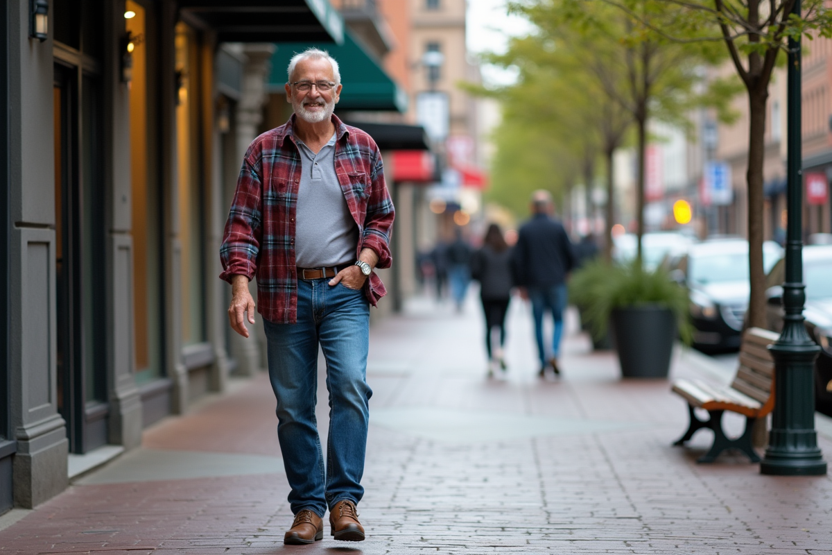 Homme âgé marchant dans la ville avec chaussures confortables
