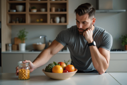 Homme musclé en cuisine regardant des fruits