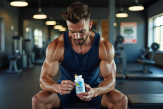 Homme musclé examinant une capsule de fish oil