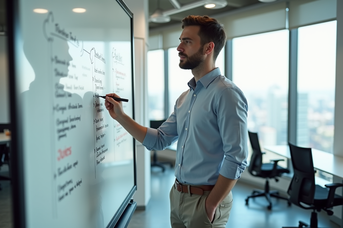 Jeune homme expliquant un projet devant un tableau blanc