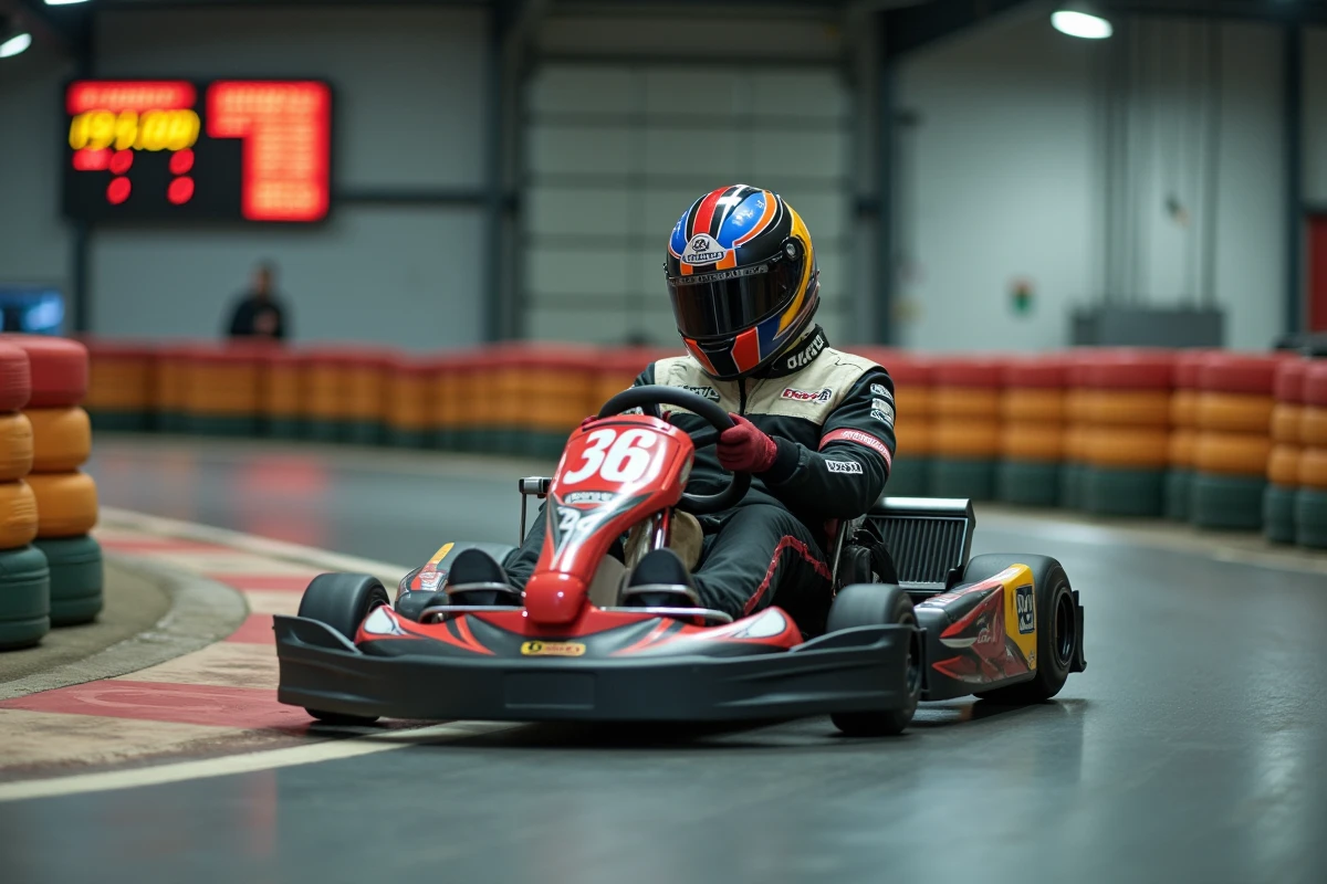 Homme au volant d'un kart en pleine action sur un circuit intérieur, idée de carte cadeau karting à Niort