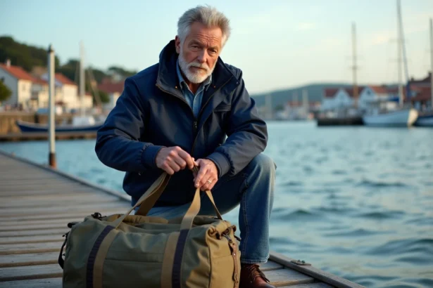 Homme d'âge moyen préparant son matériel marin sur le quai