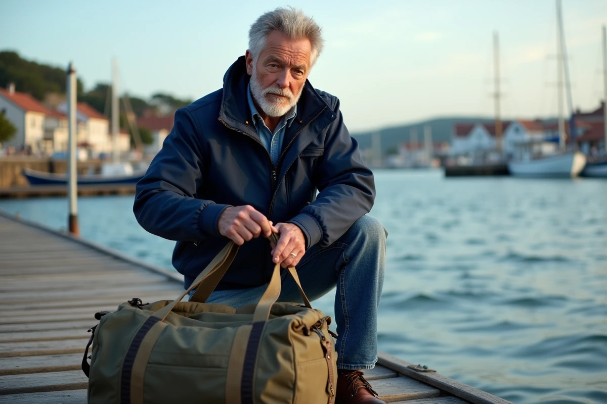 Homme d'âge moyen préparant son matériel marin sur le quai