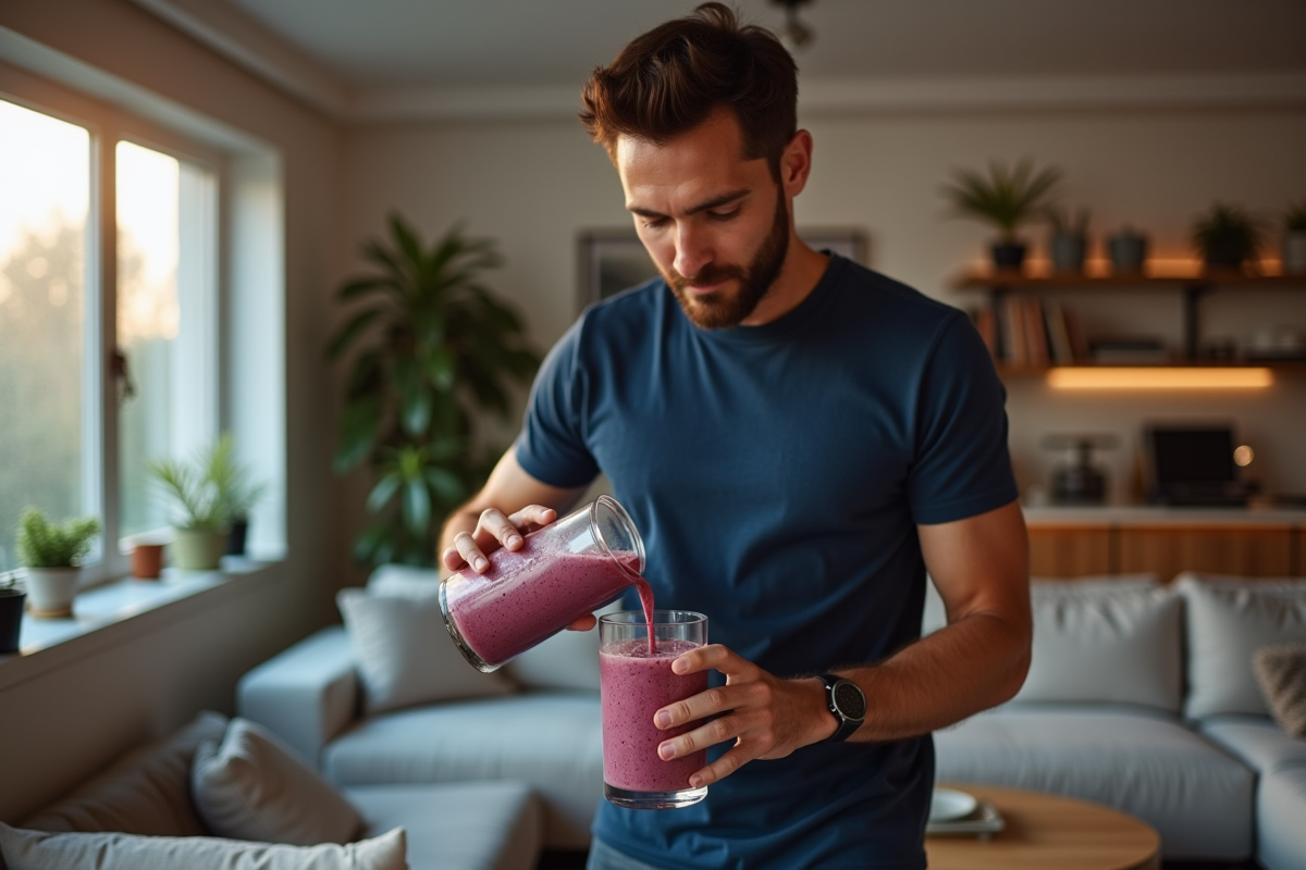 Homme préparant un smoothie riche en protéines dans un salon