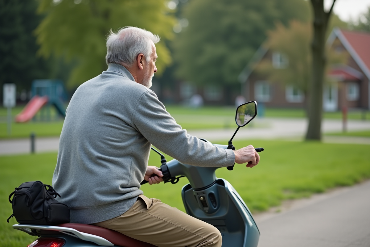 Homme ajustant miroir sur scooter dans parc suburbain