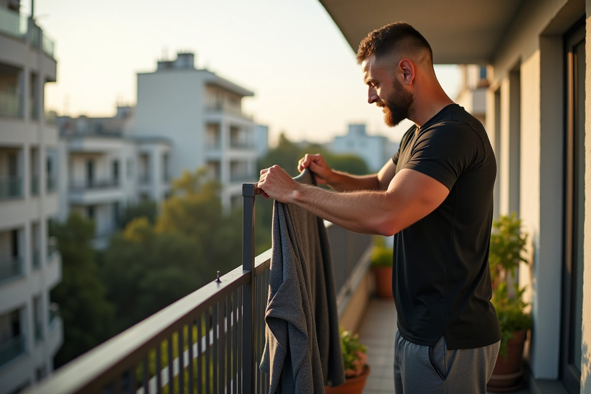 Homme suspendant des vêtements de sport sur un séchoir en balcon urbain