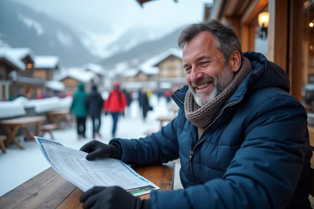 Homme souriant en ski à Tignes examinant une carte