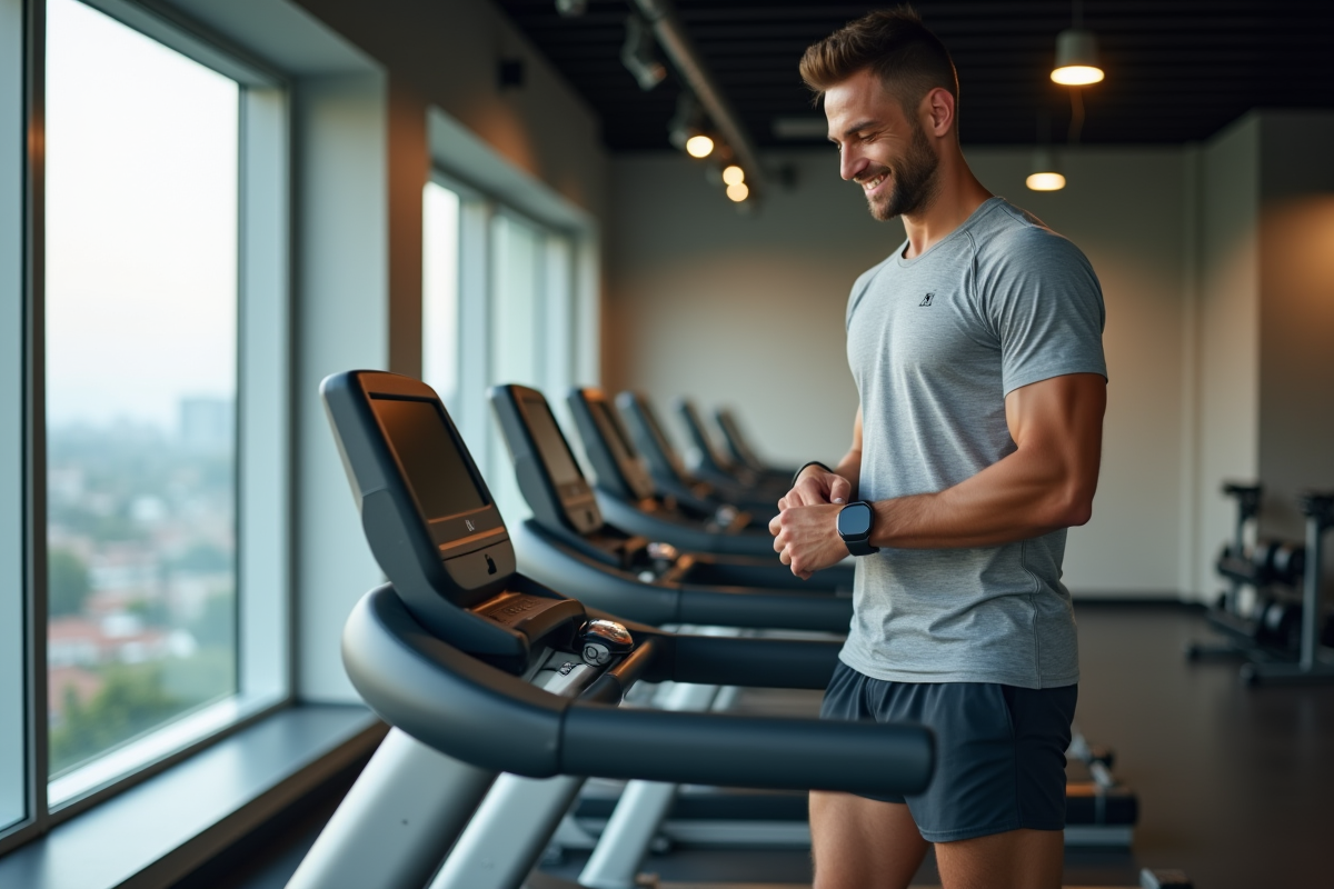 Homme souriant utilisant un tapis de course à domicile
