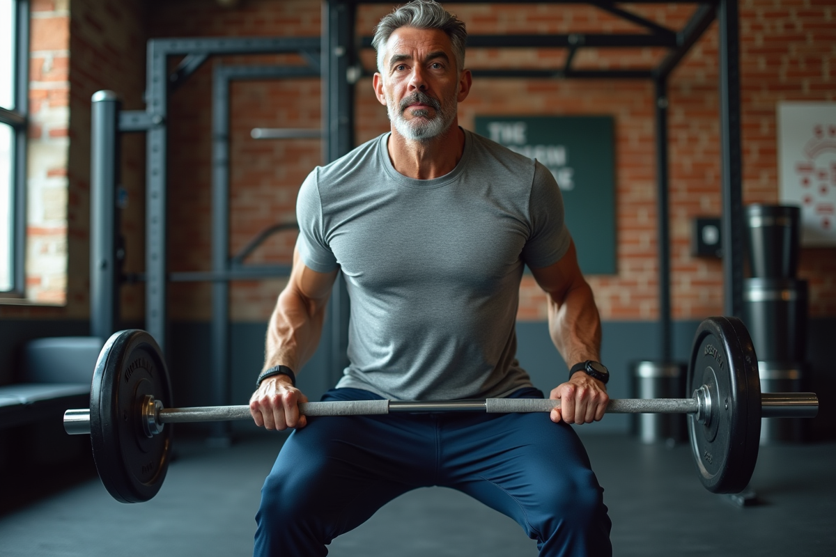 Homme en train de faire des squats avec barre en salle de musculation