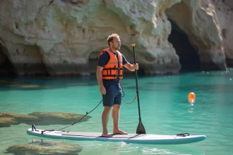 Homme debout sur un stand-up paddle en mer avec gilet de sauvetage gonflable orange et leash à la cheville dans une baie protégée balisée
