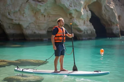 Homme debout sur un stand-up paddle en mer avec gilet de sauvetage gonflable orange et leash à la cheville dans une baie protégée balisée