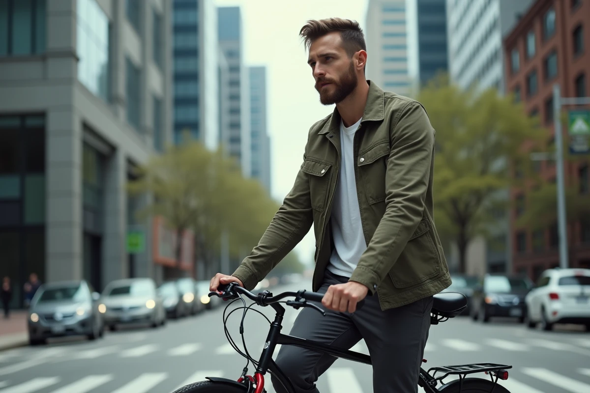 Homme trentenaire avec un vélo vintage à rétropédalage arrêté à un carrefour urbain moderne