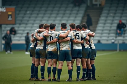 Joueurs de rugby en huddle sur le terrain lors d'un match de Fédérale 2026, jerseys bleu marine et blancs couverts de boue