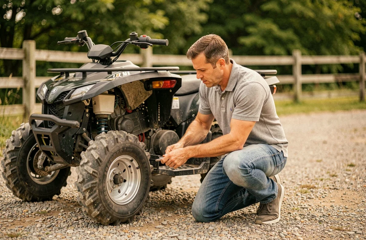 Homme inspectant le Yamaha Raptor 700 avant sa revente, vérifiant la suspension arrière dans une allée de gravier