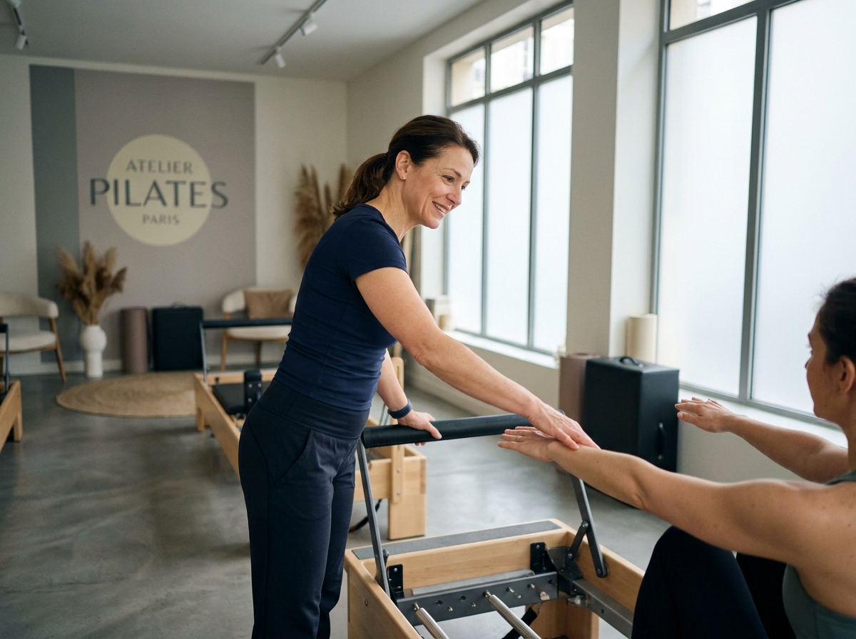 Instructrice de Pilates guidant une nouvelle élève sur un Reformer dans un studio parisien de quartier Monceau