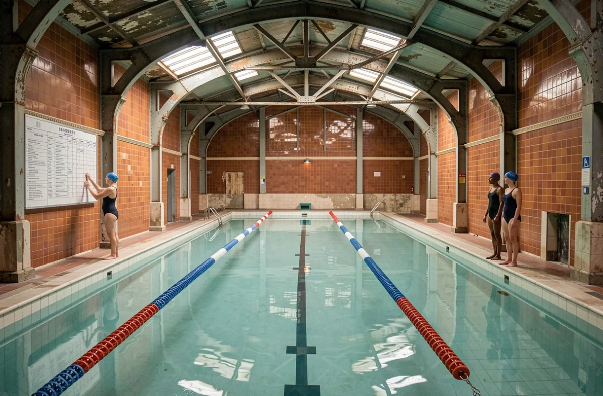 Intérieur de la piscine Butte aux Cailles avec bassin et nageurs consultant les horaires affichés