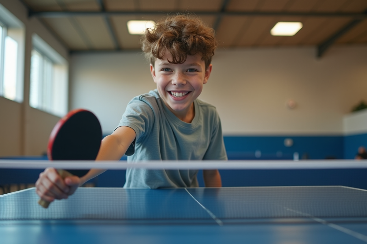 Jeune débutant souriant avec raquette de pingpong en salle