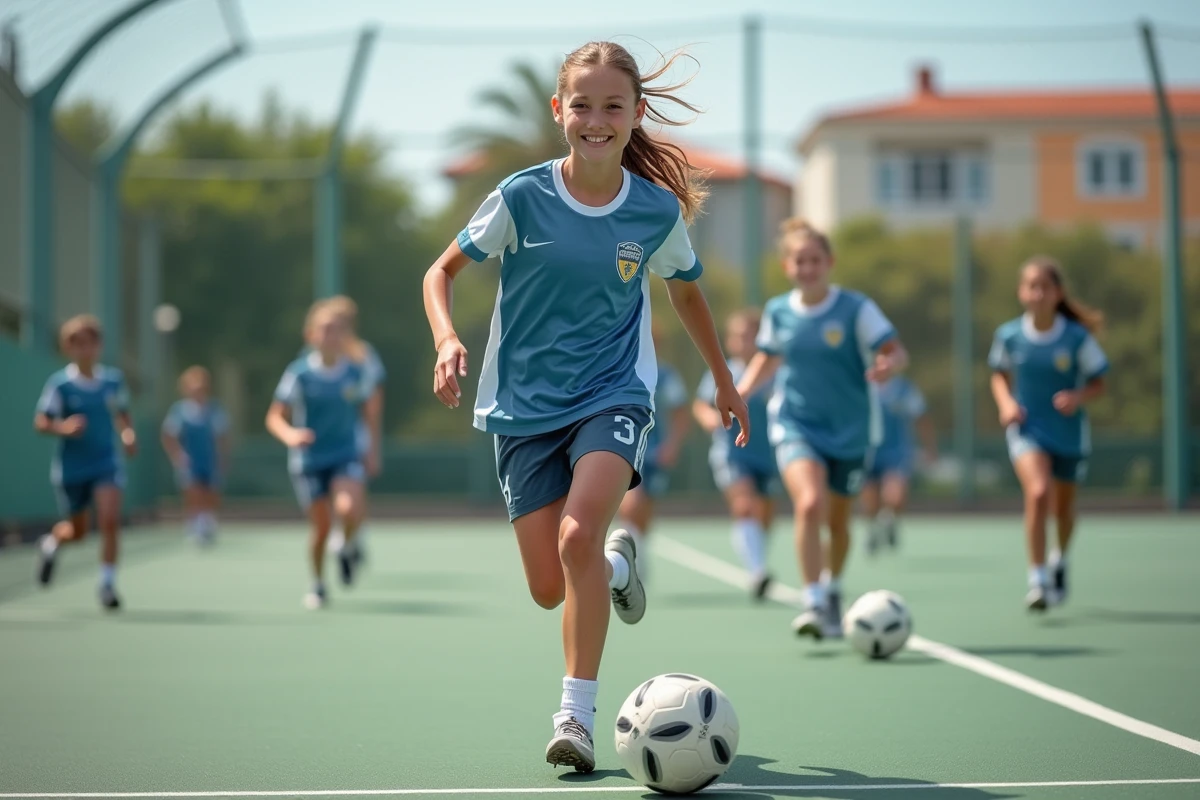 Jeune fille dribblant un handball en extérieur