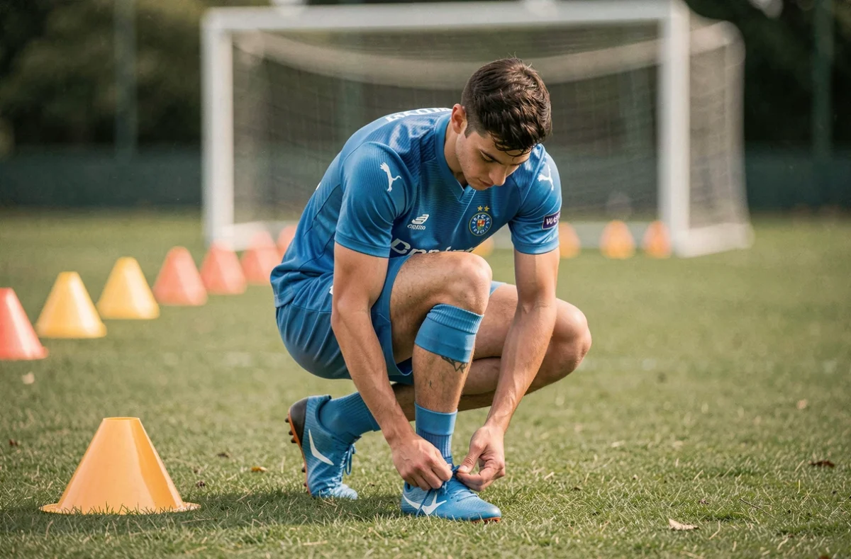 Jeune espoir du FC Porto en tenue d'entraînement attachant ses crampons sur le terrain, symbolisant la prochaine génération de joueurs du club