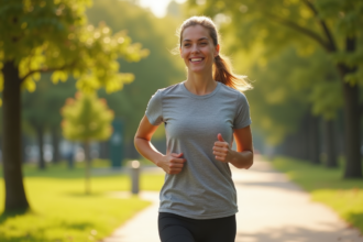 Jeune femme courant dans un parc urbain ensoleille