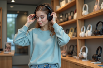 Jeune femme essayant des écouteurs dans un magasin moderne