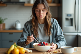 Jeune femme préparant un bol de porridge coloré dans une cuisine moderne