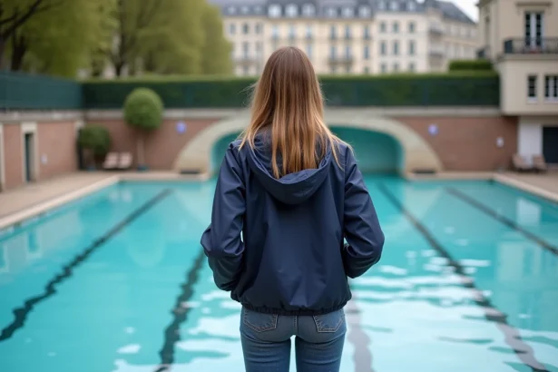 Jeune femme souriante au bord de la piscine parisienne