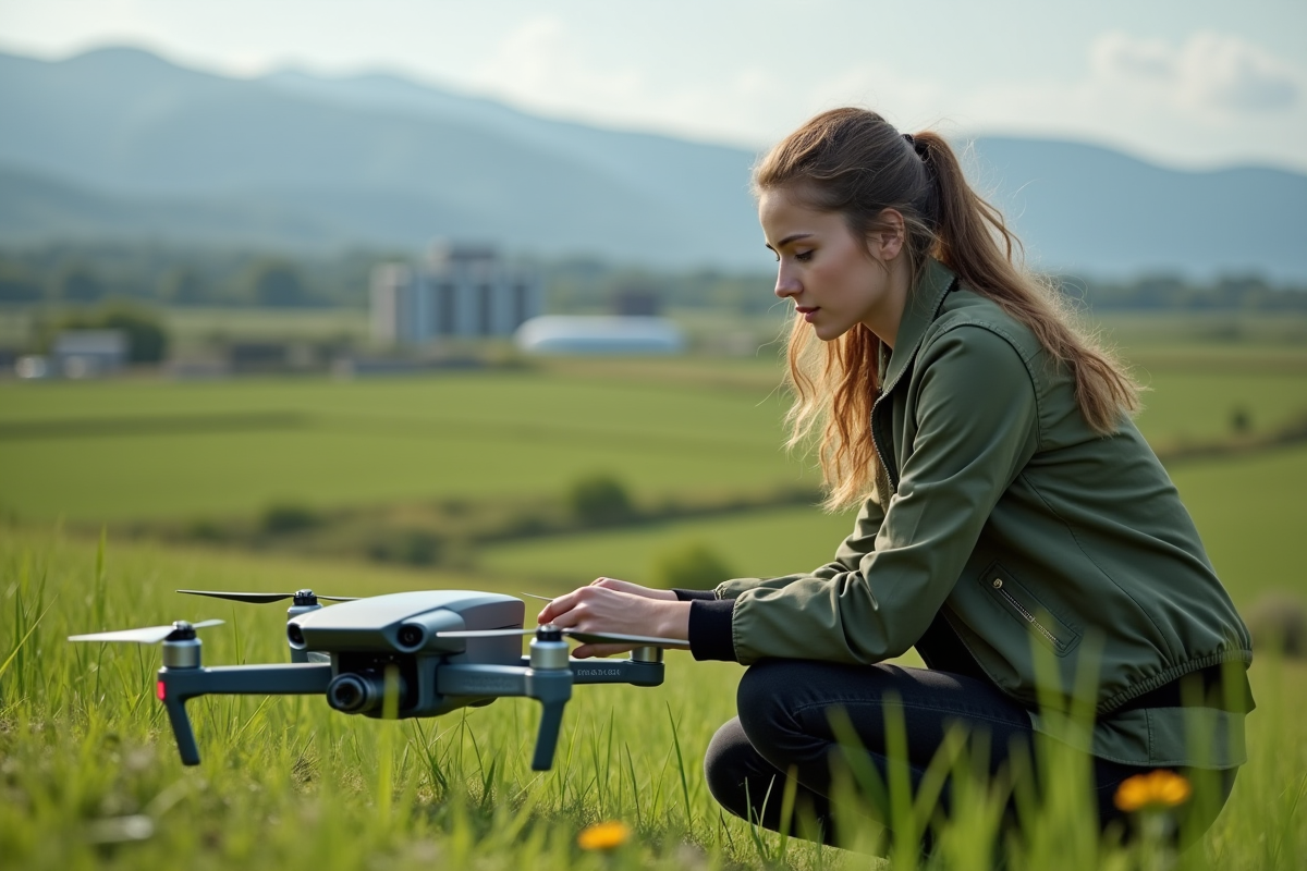 Jeune femme ajustant un drone dans un champ vert