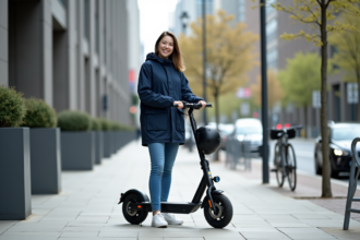 Jeune femme souriante avec scooter électrique en ville