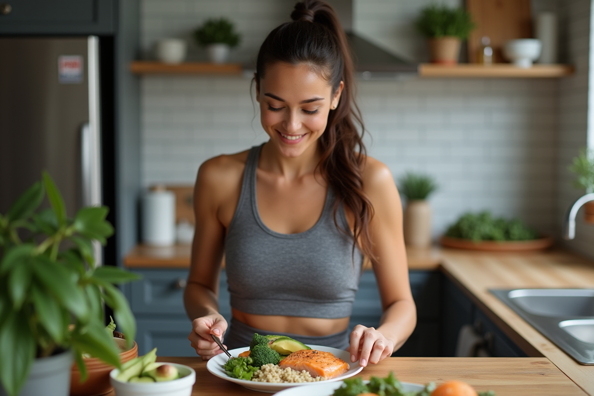 Jeune femme sportive préparant un repas sain dans la cuisine