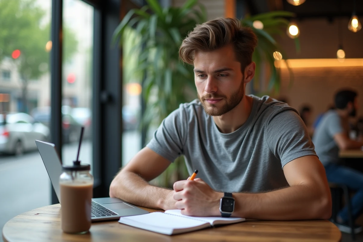 Jeune homme concentré prenant des notes dans un café urbain