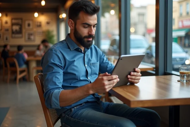 Jeune homme algérien lisant un journal numérique au café