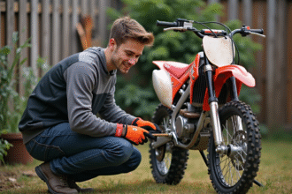 Jeune homme nettoyant la chaîne d'une moto 125cc en extérieur