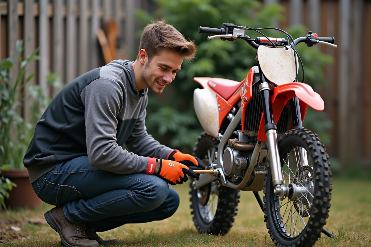 Jeune homme nettoyant la chaîne d'une moto 125cc en extérieur