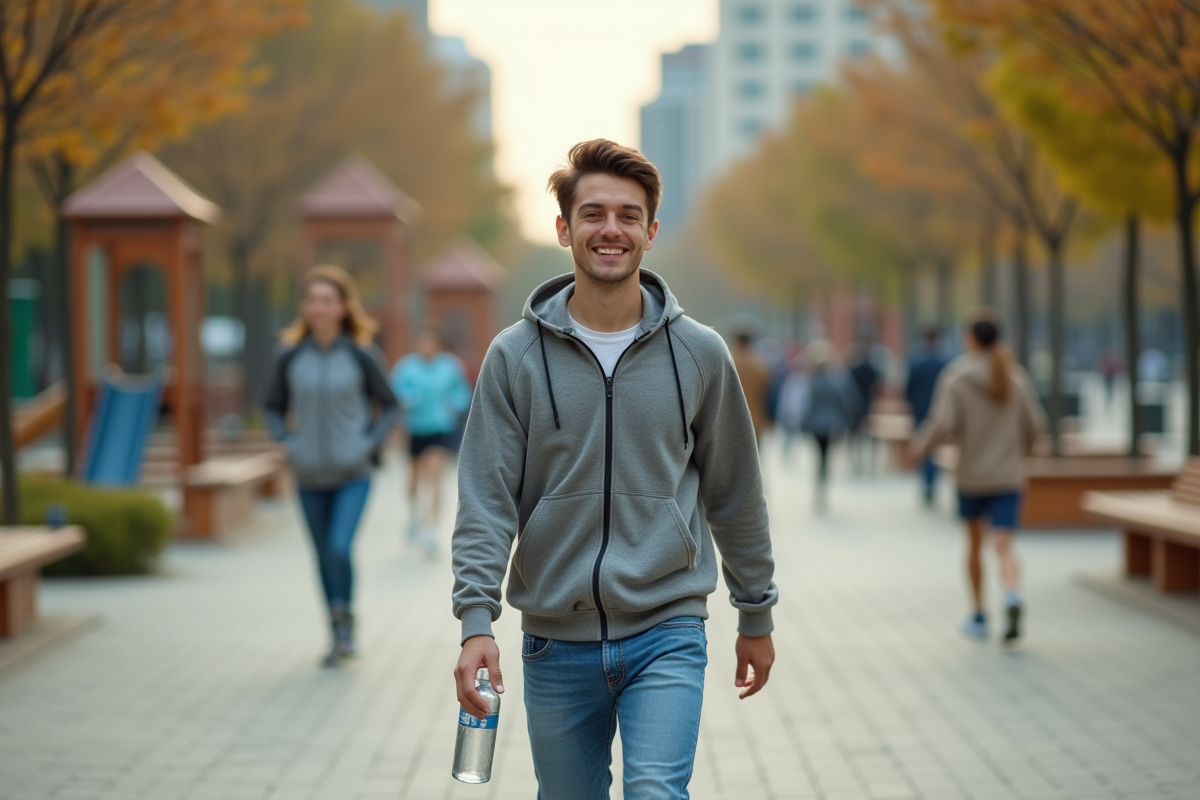 Jeune homme en vêtements décontractés marche dans un parc urbain animé