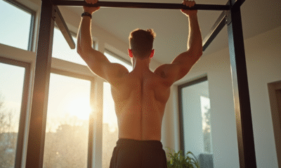 Jeune homme en sport faisant un pull-up dans une salle lumineuse