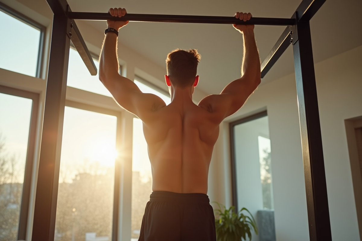 Jeune homme en sport faisant un pull-up dans une salle lumineuse