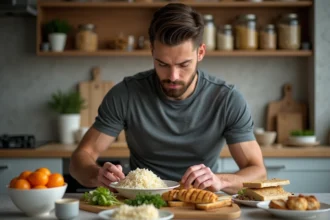 Jeune homme sportif préparant un repas équilibré dans la cuisine