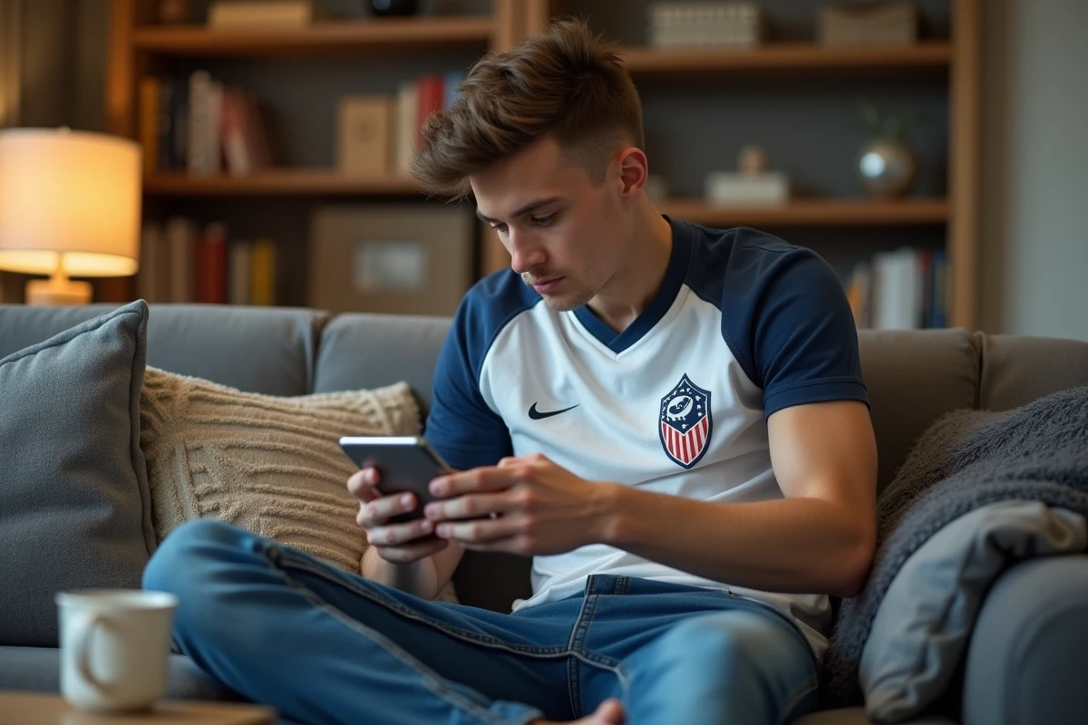 Jeune homme en jersey sportif regarde son smartphone dans un salon