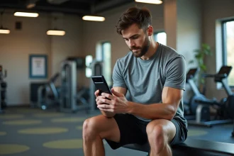 Jeune homme en sport vérifiant son plan d'entraînement dans une salle de gym